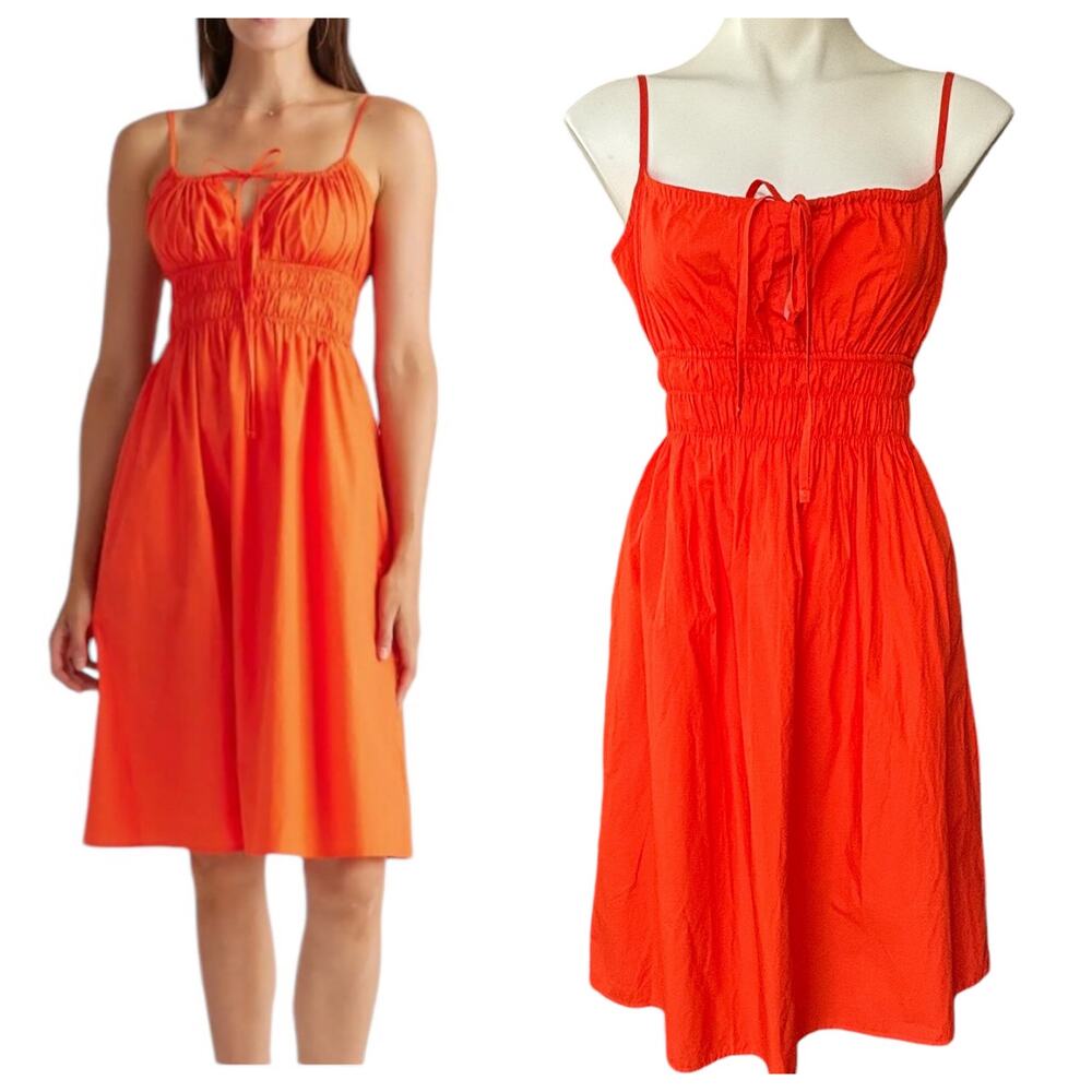 NEW Quince Midi Dress XS Organic Cotton Vermilion Red Orange Keyhole Milkmaid